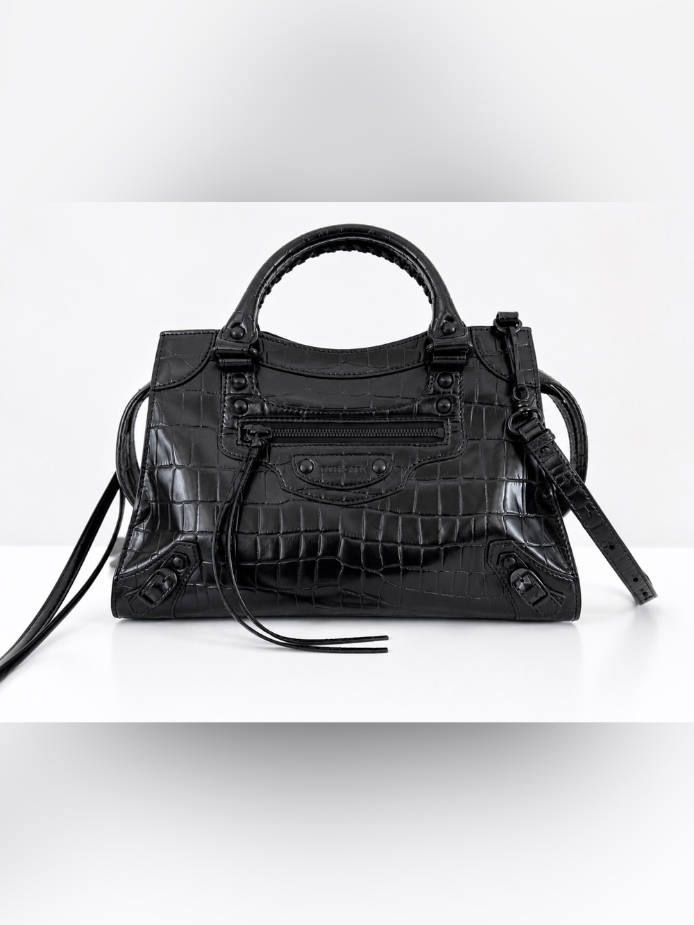 Authentic Balenciaga Neo Classic Small Black Croc Embossed Leather Handle Bag
